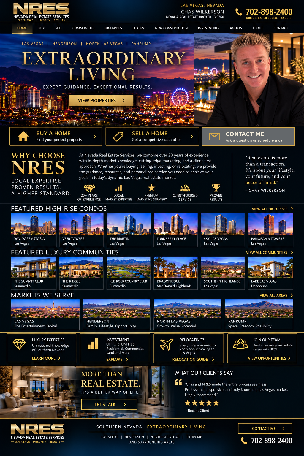 Nevada Real Estate Services luxury real estate homepage featuring Chas Wilkerson and Southern Nevada real estate services.